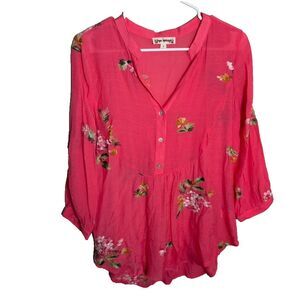 Hope Springs Blouse Women's Small Pink Floral Embroidered V-Neck 3/4 Sleeve